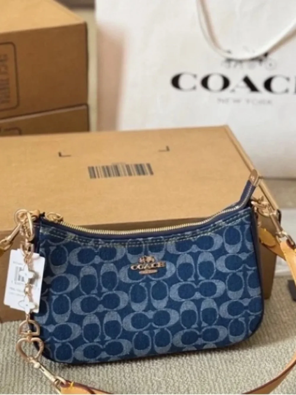 COACH Blue Signature Demi Shoulder Bag with Tan Strap